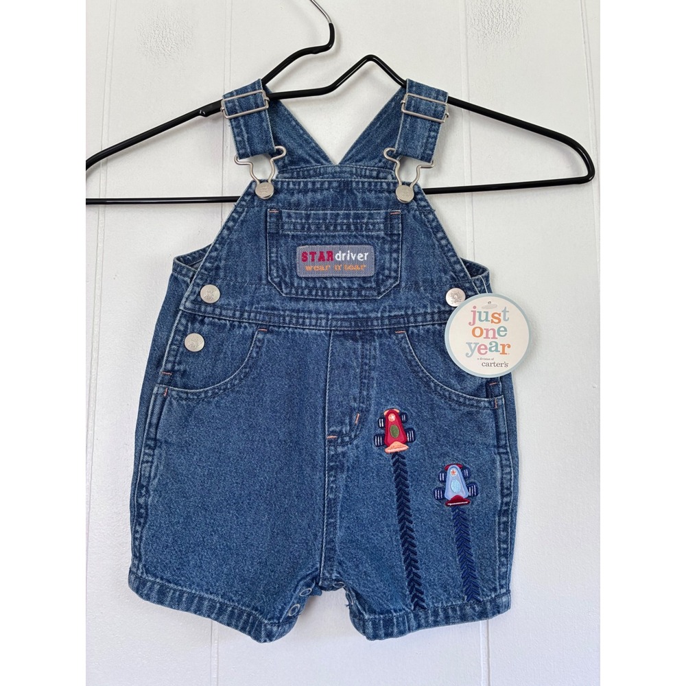 Vintage Just One Year Carters Baby Boy Denim Shortalls Rocket Ship Blue 6M New